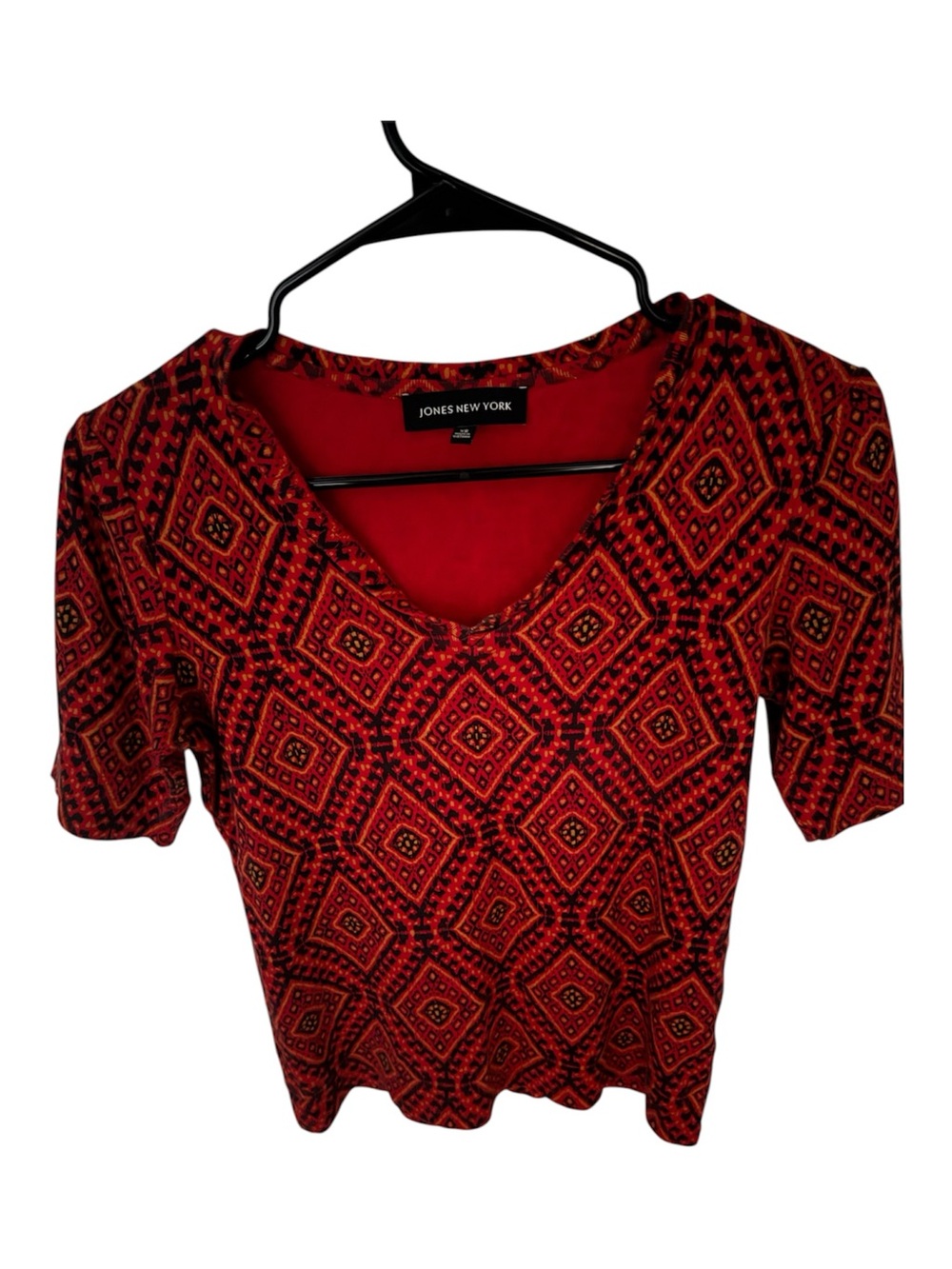 Jones New York Red Geometric V-Neck Short Sleeve Top